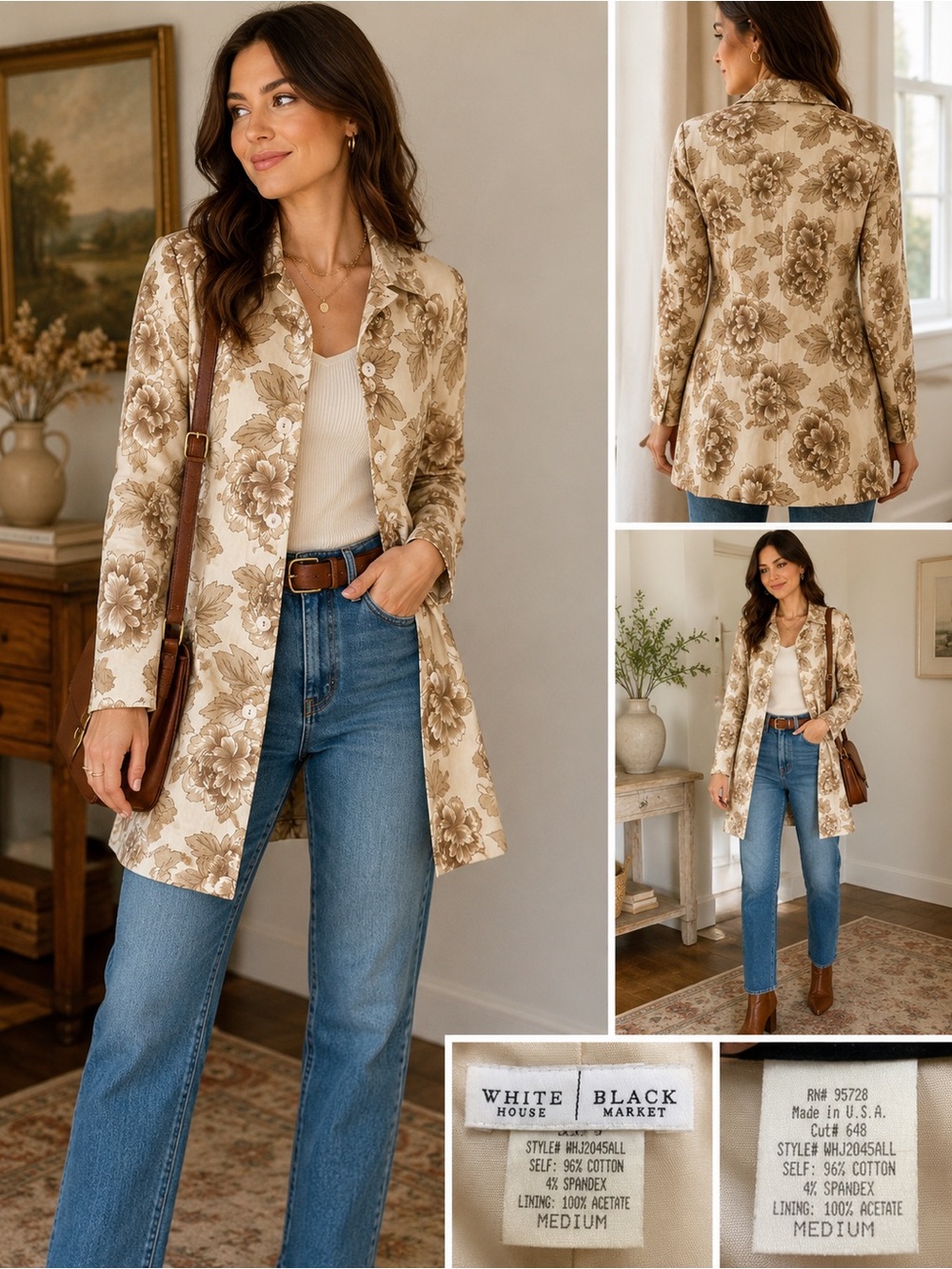WHBM Vintage Floral Button Front Tunic Jacket Medium Made in USA Cottagecore